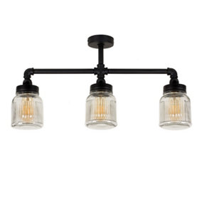 ValueLights Industrial Black 3 Way Bar Ceiling Light With Clear Ribbed Glass Shades