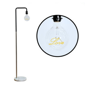 ValueLights Industrial Black and Chrome Metal Floor Lamp With White Marble Base And Love LED Filament Light Bulb In Warm White