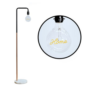 ValueLights Industrial Black and Copper Metal Floor Lamp With White Marble Base And Home LED Filament Light Bulb In Warm White