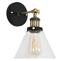 ValueLights Industrial Black And Gold Wall Light Fitting With Clear Glass Light Shade