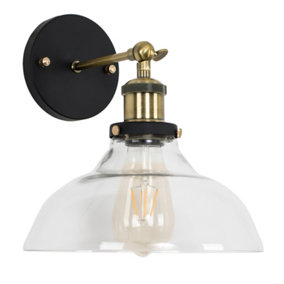 ValueLights Industrial Black And Gold Wall Light Fitting With Clear Glass Wide Light Shade