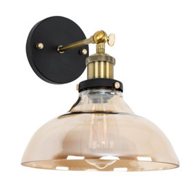 ValueLights Industrial Black And Gold Wall Light Fitting With Tinted Glass Wide Light Shade