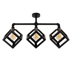 ValueLights Industrial Satin Black 3 Way Bar Pipework Ceiling Light With Black Metal Shades