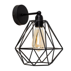 ValueLights Industrial Satin Black Pipework Single Wall Light With Basket Cage Black Metal Shade