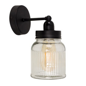 ValueLights Industrial Satin Black Pipework Single Wall Light With Clear Glass Jar Shade