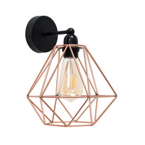 ValueLights Industrial Satin Black Pipework Single Wall Light With Copper Metal Cage Light Shade