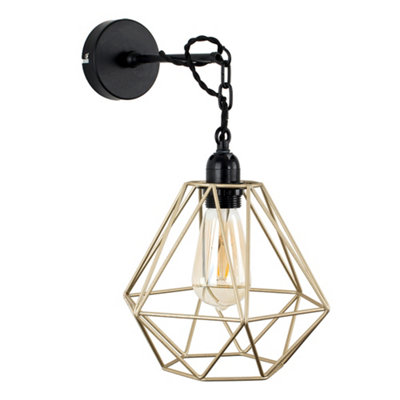ValueLights Industrial Satin Black Wall Ceiling Light Fitting With Gold Metal Cage Shade