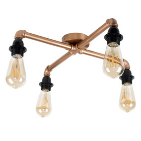 ValueLights Industrial Steampunk 4 Way Copper Metal Pipework Ceiling Light