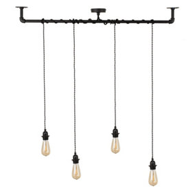 ValueLights Industrial Steampunk Satin Black 4 Way Pipework Bar Wrap Over Ceiling Light