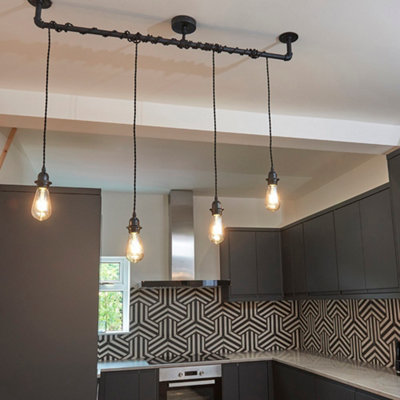 ValueLights Industrial Steampunk Satin Black 4 Way Pipework Bar Wrap Over Ceiling Light