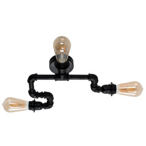 ValueLights Industrial Steampunk Style 3 Way Satin Black Staggered Pipework Ceiling Light