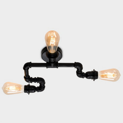 ValueLights Industrial Steampunk Style 3 Way Satin Black Staggered Pipework Ceiling Light