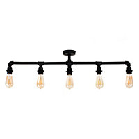 ValueLights Industrial Steampunk Style 5 Way Satin Black Pipework Bar Ceiling Light
