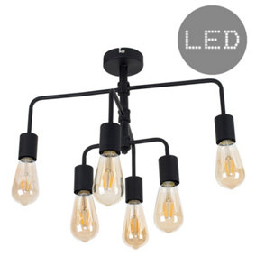 ValueLights Industrial Steampunk Style 6 Way Satin Black Triple Bar Pipework Ceiling Light - LED Filament Bulbs In Warm White