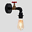 ValueLights Industrial Steampunk Style Antique Brass Satin Black Pipework And Red Tap Wall Light