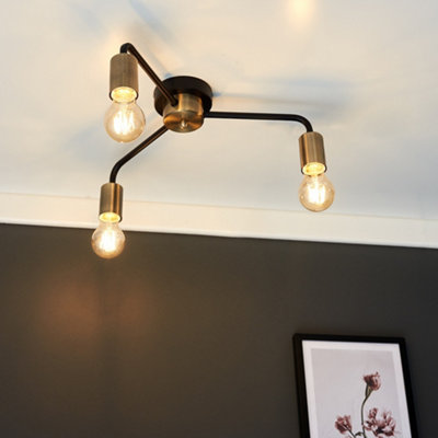 ValueLights Industrial Style Antique Brass And Matt Black 3 Way Ceiling Light Fitting