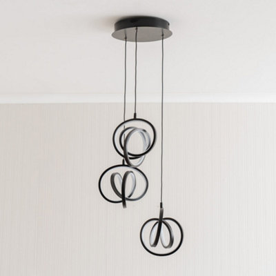 ValueLights Infinity Matte Black Loop Twirl 3 Way Cluster Drop LED Ceiling Pendant Light