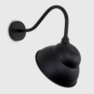 ValueLights IP23 Rated Black Metal Swan Neck Outdoor Wall Light With Dome Shaped Light Shade