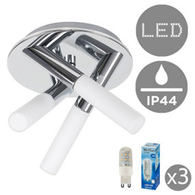 ValueLights IP44 Rated 3 Way Cross Over Chrome Flush Ceiling Light Fitting with Frosted Glass Shades And LED G9 Bulbs Cool White