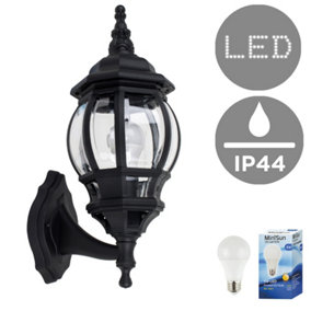 ValueLights IP44 Rated Black & Clear Outdoor Security Wall Light Lantern - Includes 6w LED GLS Bulb 3000K Warm White