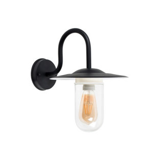 ValueLights IP44 Rated Black Metal Swan Neck Outdoor Lantern Wall Light With Clear Glass Shade With LED Filament Bulb Warm White