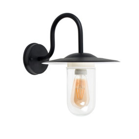 ValueLights IP44 Rated Black Metal Swan Neck Outdoor Lantern Wall Light With Clear Glass Shade