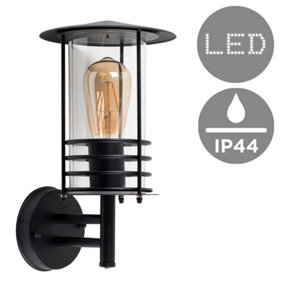 ValueLights IP44 Rated Black Stainless Steel Metal Fisherman's Lantern Cage Outdoor Wall Light With LED Filament Bulb Warm White