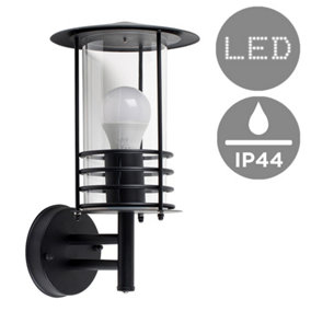 ValueLights IP44 Rated Black Stainless Steel Metal & Glass Fisherman's Lantern Outdoor Wall Light With LED GLS Bulb Warm White