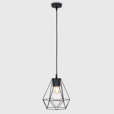 ValueLights IP44 Rated Gloss Black Ceiling Bathroom Light Pendant With Metal Basket And Clear Glass Shade