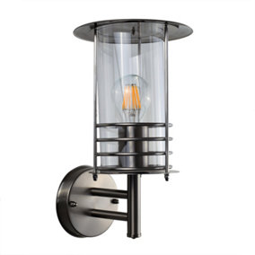 ValueLights IP44 Rated Silver Stainless Steel Metal & Clear Glass Fisherman's Lantern Outdoor Wall Light With LED ES E27 GLS Bulb