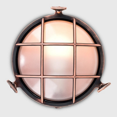 ValueLights IP64 Rated Round Metal Copper Nautical Design Frosted Lens Outdoor Wall Fisherman Light