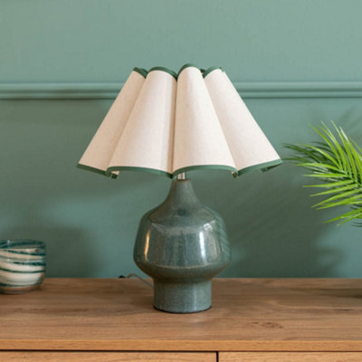 ValueLights Jamie Green Speckle Glazed Ceramic Table Lamp with a Natural Scalloped Edge Fabric Shade