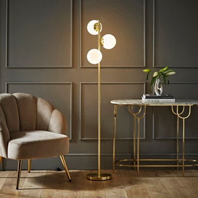 ValueLights Jas 3 Light Gold Metal Stem Floor Lamp with White Frosted Glass Shades - Bulbs Included