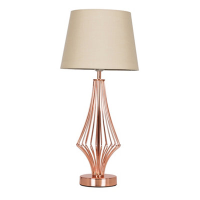 ValueLights Jaspa Modern Polished Copper Metal Wire Geometric Diamond Design Table Lamp with Beige Shade