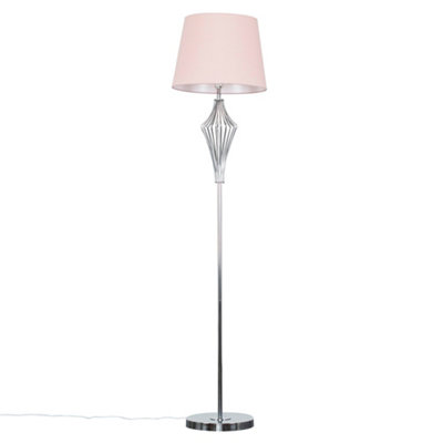 ValueLights Jaspa Polished Chrome Metal Wire Geometric Diamond Design Floor Lamp with Pink Shade