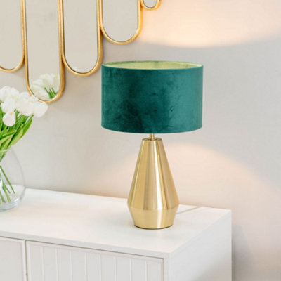 ValueLights Jax Gold Metal Touch Dimmer Table Lamp with Forest Green Velvet Shade - LED Bulb Included