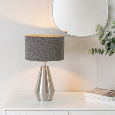 ValueLights Jax Silver Metal Touch Dimmer Table Lamp with Charcoal Grey Boucle Shade - LED Bulb Included