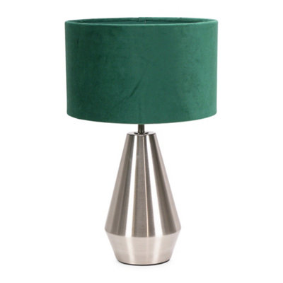 ValueLights Jax Silver Metal Touch Dimmer Table Lamp with Forest Green Velvet Shade - LED Bulb Included