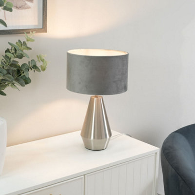ValueLights Jax Silver Metal Touch Dimmer Table Lamp with Grey Velvet Shade - LED Bulb Included