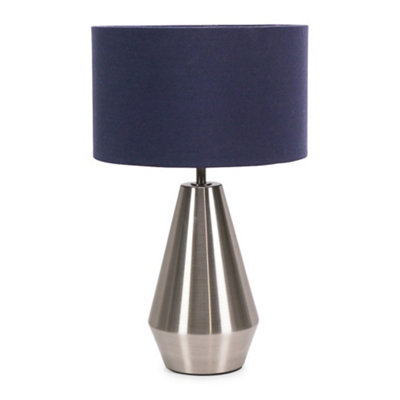 ValueLights Jax Silver Metal Touch Dimmer Table Lamp with Navy Blue Drum Shade - LED Bulb Included