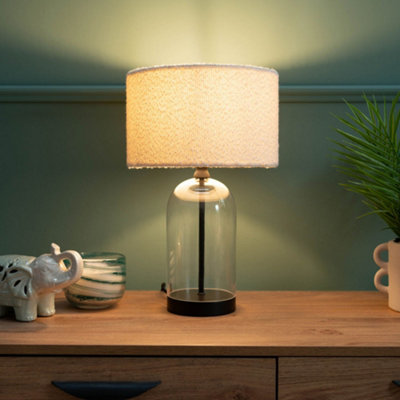 ValueLights Jessy Glass and Black Metal Bedside Table Lamp with a Cream Boucle Lampshade - Bulb Included