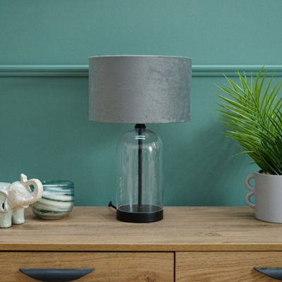 ValueLights Jessy Glass and Black Metal Bedside Table Lamp with a Grey Velvet Lampshade