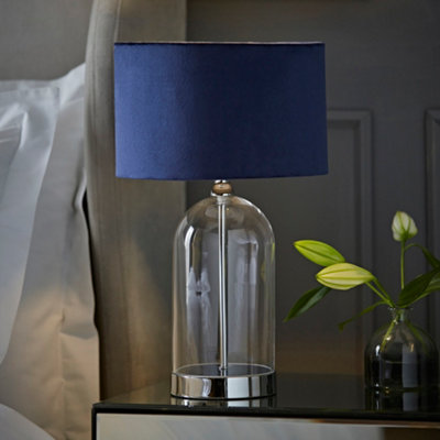 ValueLights Jessy Glass and Black Metal Bedside Table Lamp with a Navy Blue Velvet Lampshade - Bulb Included