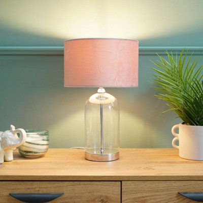 ValueLights Jessy Glass and Silver Chrome Metal Bedside Table Lamp with a Blush Pink Velvet Lampshade