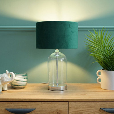 ValueLights Jessy Glass and Silver Chrome Metal Bedside Table Lamp with a Forest Green Velvet Lampshade