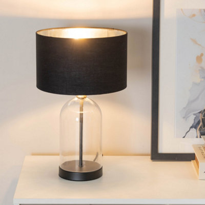 ValueLights Jessy Glass with Black Trim Table Lamp with Black with Chrome Inner Shade and LED Bulb