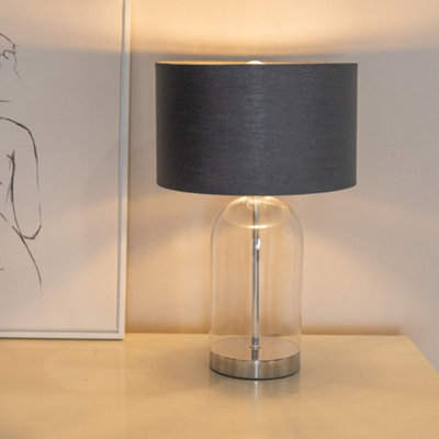 ValueLights Jessy Glass with Silver Trim Table Lamp with Charcoal with Chrome Inner Lamp Shade and LED Bulb