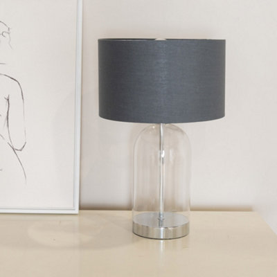 ValueLights Jessy Glass with Silver Trim Table Lamp with Charcoal with Chrome Inner Lamp Shade and LED Bulb