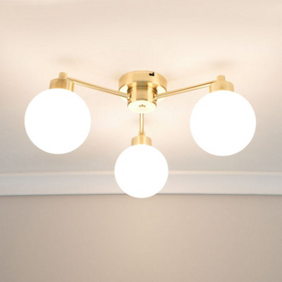 ValueLights Jonah 3 Way Brushed Gold Ceiling Light Fitting with Globe Shades for Living Room Hallway - LED Bulbs Included