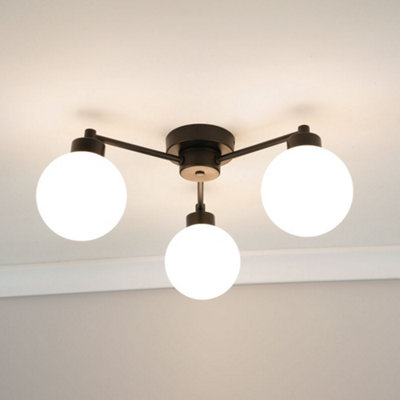 ValueLights Jonah 3 Way Matt Black Ceiling Light Fitting with Globe Shades for Living Room Hallway